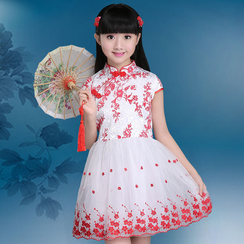 Floral Fancy Cotton Cheongsam Top Tulle Skirt Kid's Chinese Dress