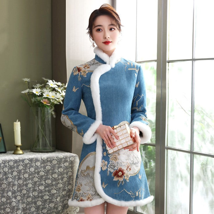 Floral Fancy Cotton Fur Edge Women's Chinese Style Wadded Coat