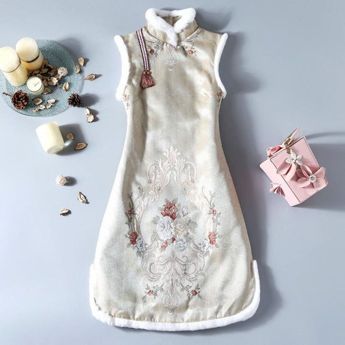 Floral Fancy Cotton Knee Length Chinese Wadded Waistcoat Chinese Dress