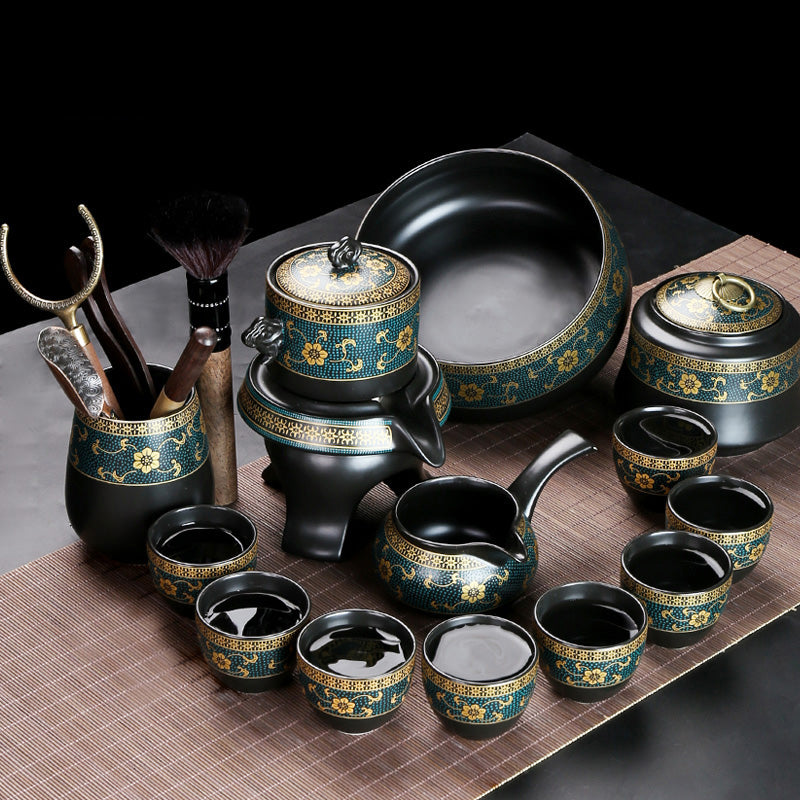 Floral Gilding Auto Buhrimill Pottery Kung Fu Tea Set 8 Pieces