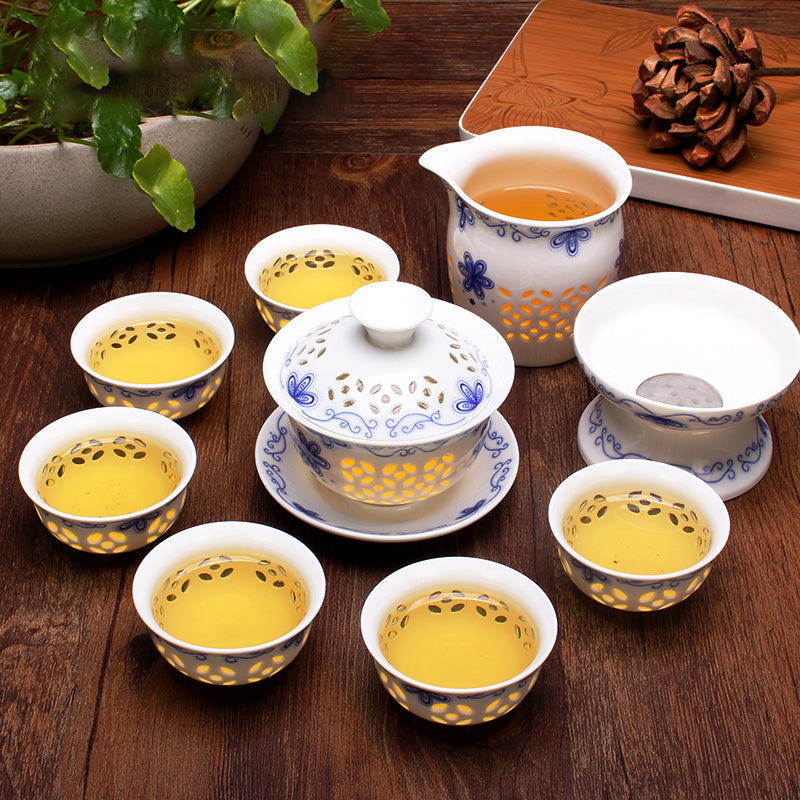 Floral Hollowed-out Chinese Porcelain Kung Fu Tea Set 11 Pieces