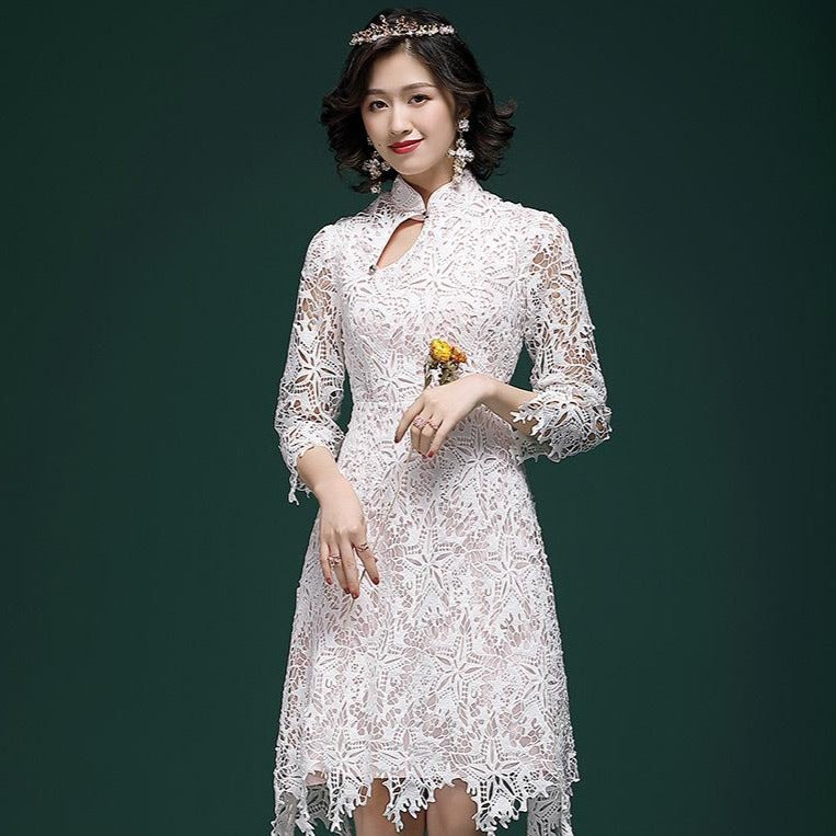 Floral Lace Cheongsam Top Chinese Dress with Irregular Cuff & Hem