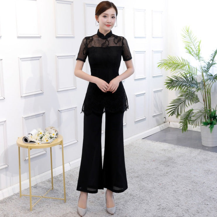 Floral Lace Cheongsam Top with Chiffon Bell-bottomed Pants