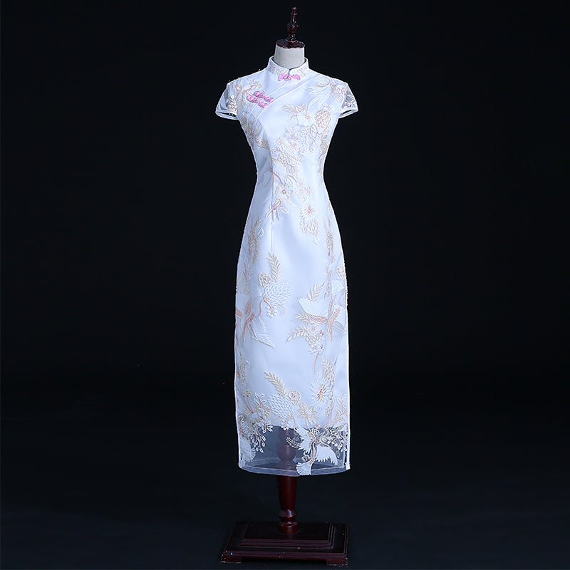 Floral Lace Full Length Satin Cheongsam Chinese Dress