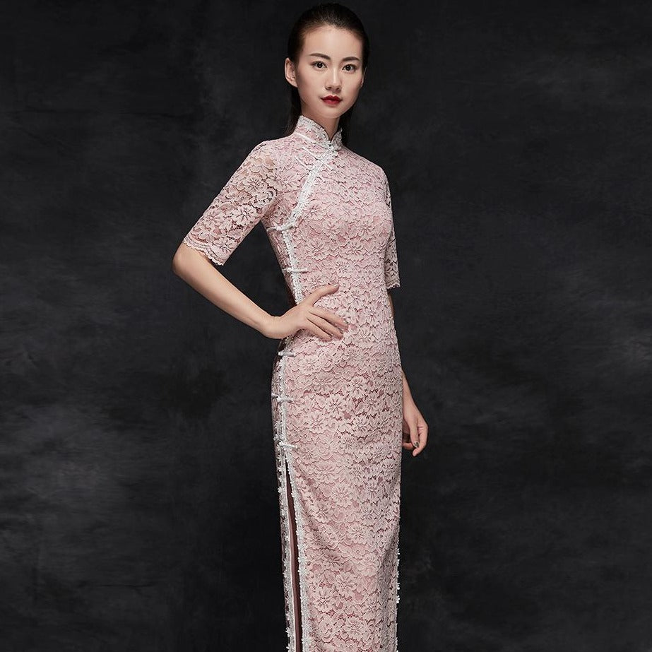 Floral Lace Half Sleeve Tea Length Cheongsam Chinese Dress