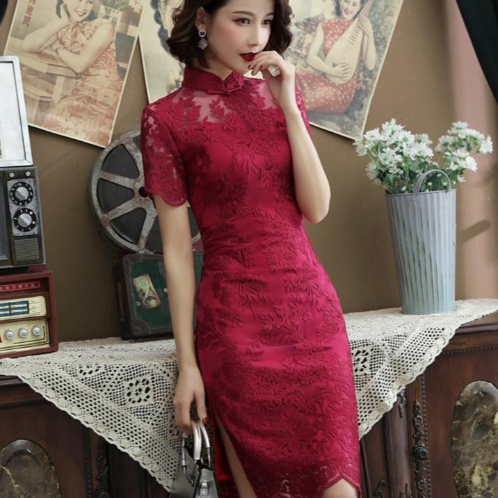 Floral Lace Knee Length Modern Cheongsam Prom Dress