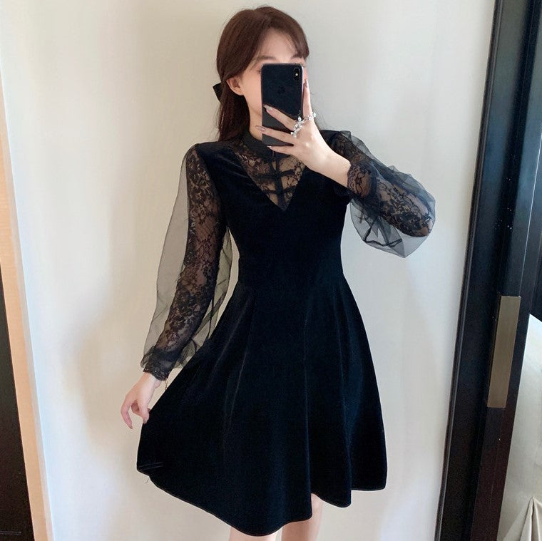 Floral Lace Lolita Style Velvet Chinese Dress Little Black Dress