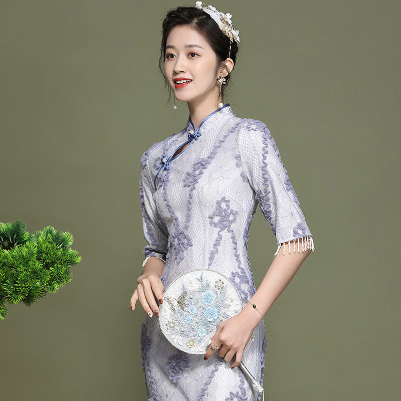 Floral Lace Modern Cheongsam Chinese Style Pencil Dress with Tassels