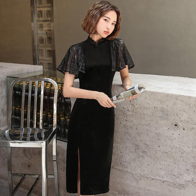 Floral Lace Ruffle Sleeve Modern Cheongsam Velvet Qipao Day Dress