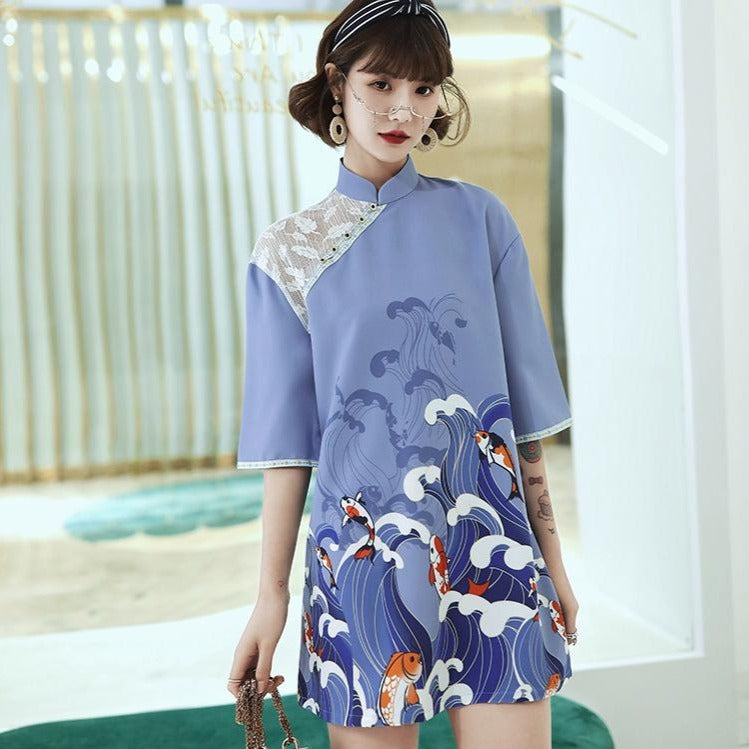 Floral Lace Shoulder Half Sleeve Cheongsam Mini Chinese Dress