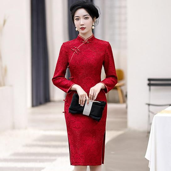 Floral Lace Traditional Cheongsam Knee Length Wedding Party Dress