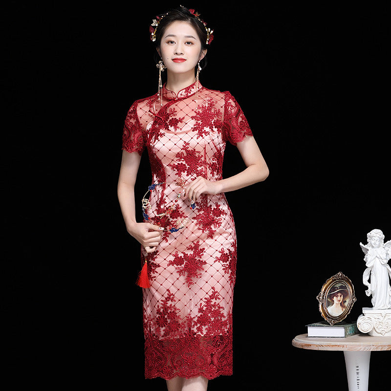 Floral Lace Tradtional Cheongsam Chinese Style Pencil Dress