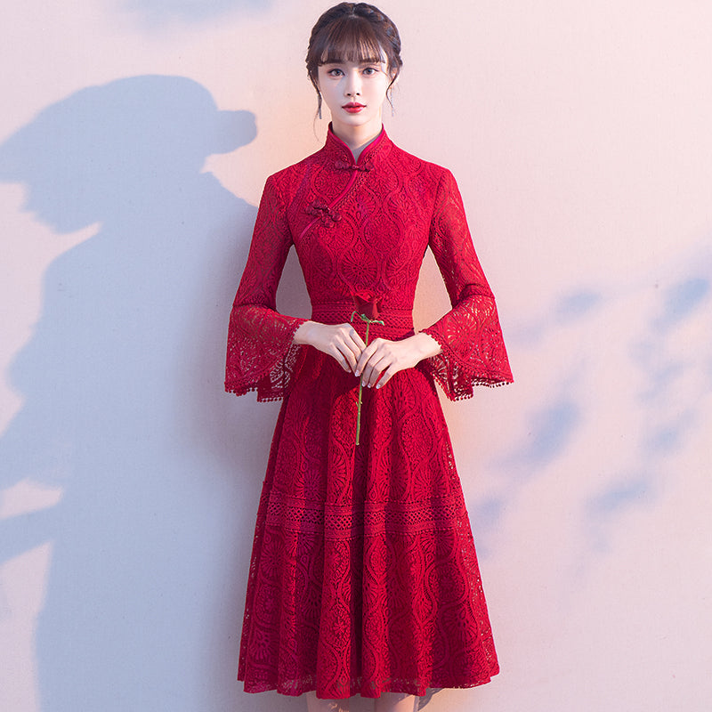 Floral Lace Trumpet Sleeve Tea Length Oriental Evening Dress