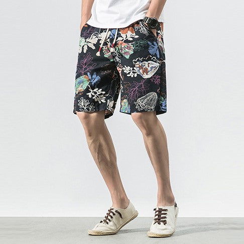 Floral Linen Beach Pants Loose Pants Chinese Style Shorts