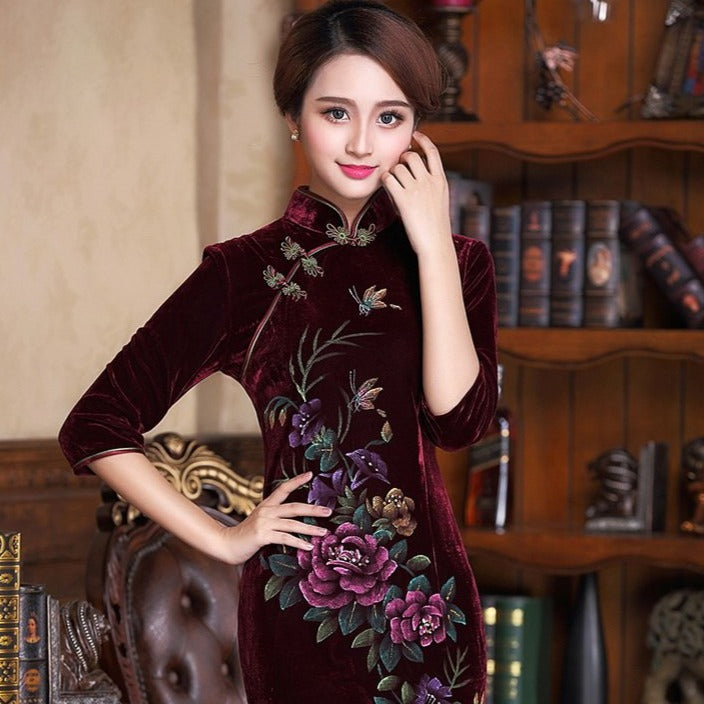 Floral Print Half Sleeve Knee Length Velvet Cheongsam Chinese Dress