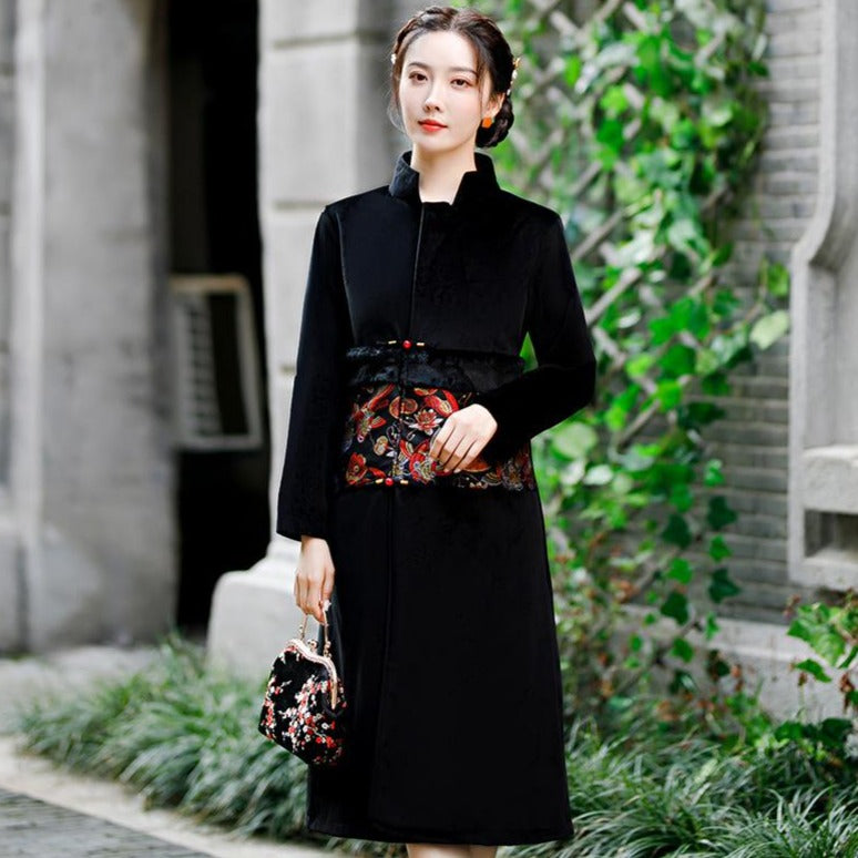 Floral Print Stand Collar Velvet Cheongsam Mother Dress Wind Coat