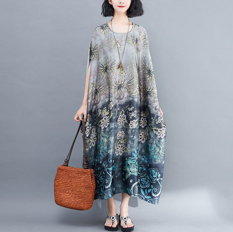 Floral Ramie Fabric Robe Chinese Style Casual Dress