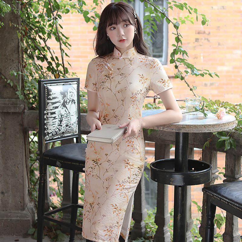 Floral Ramie Knee Length Modern Cheongsam Chic Girl Dress