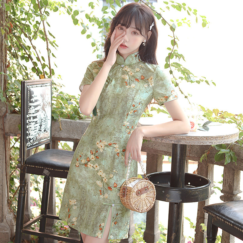 Floral Ramie Knee Length Modern Cheongsam Chic Girl Dress