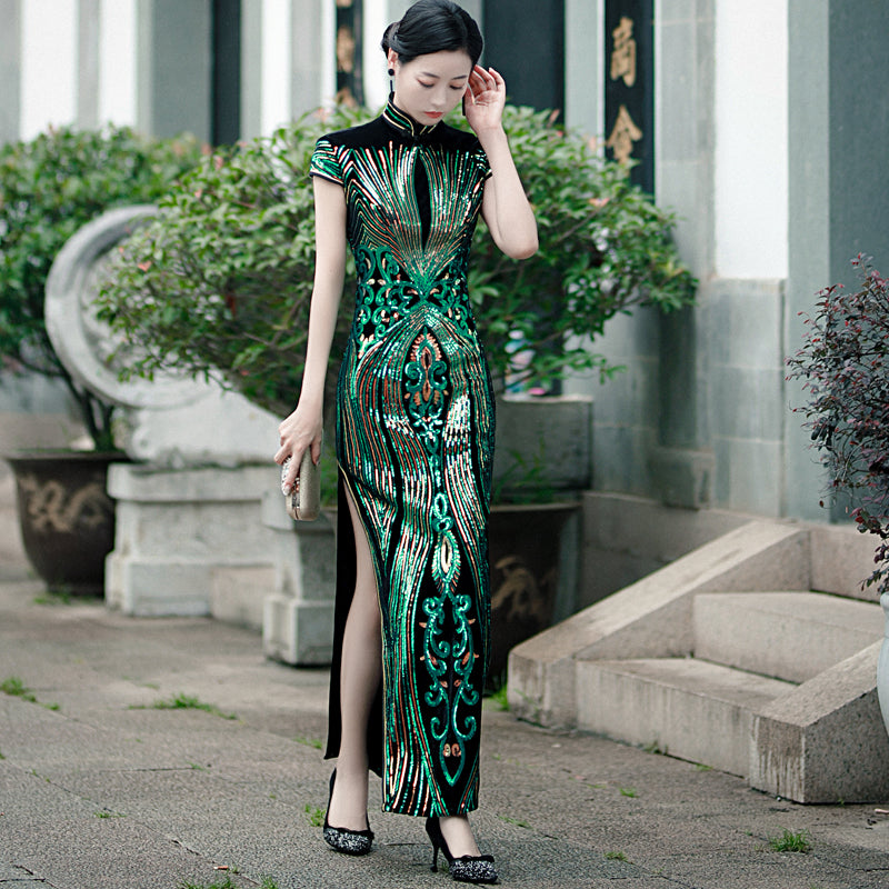 Floral Sequins Cap Sleeve Traditional Cheongsam Chinese Evening Dress