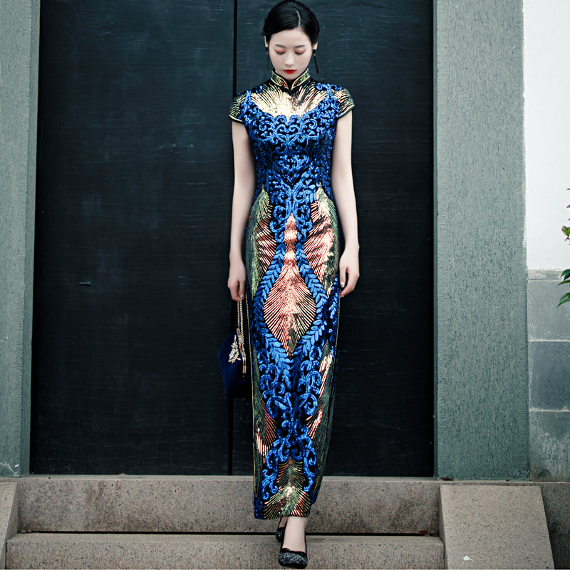 Floral Sequins Velvet Traditional Cheongsam Chinese Evening Dress