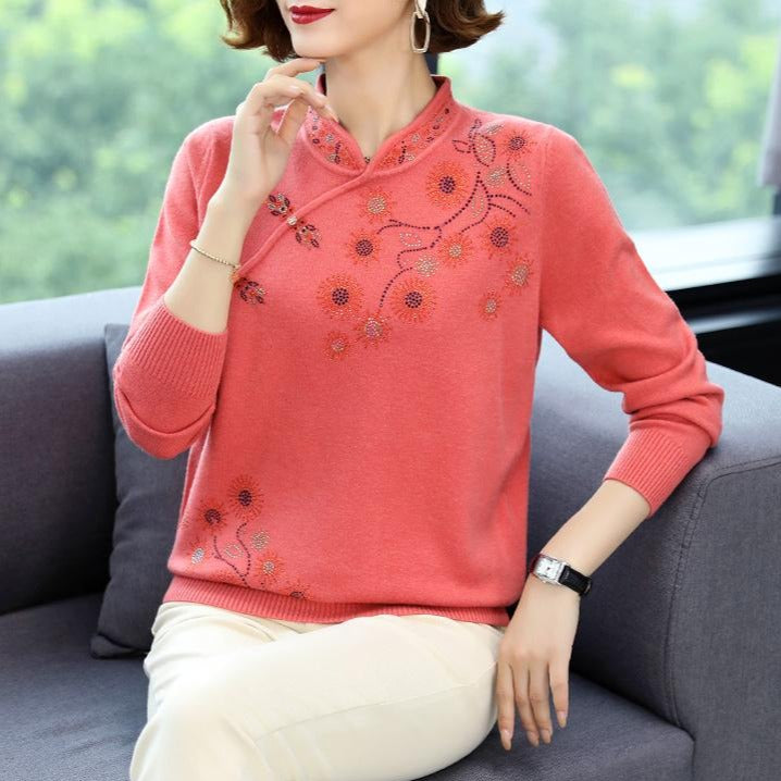 Floral Sequins Women's Blouse Chinese Style Knit Shirt