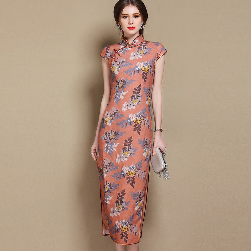 Floral Signature Cotton Cap Sleeve Tea Length Cheongsam Chinese Dress