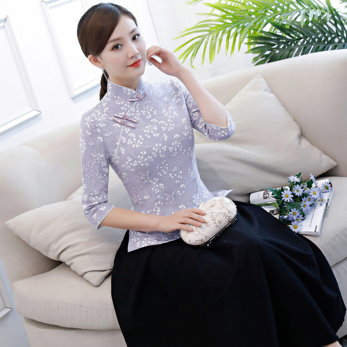 Floral Signature Cotton Cheongsam Top Bodycon Chinese Blouse