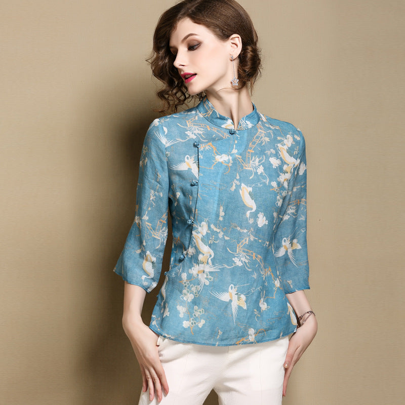 Floral Signature Cotton Cheongsam Top Chinese Style Blouse