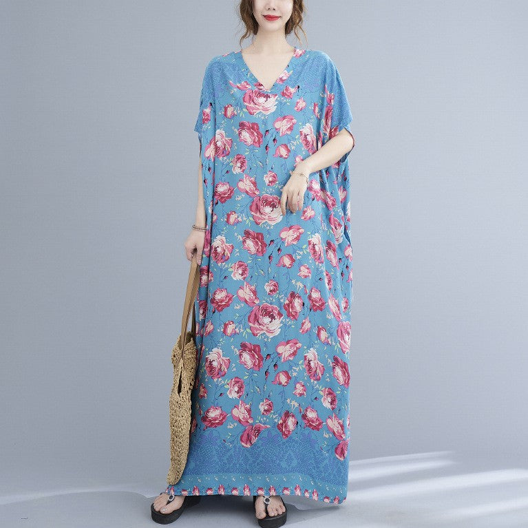 Floral Signature Cotton Robe Chinese Style Casual Dress Boho Dress