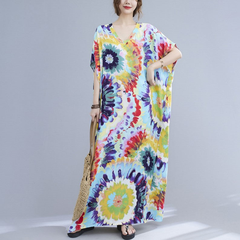 Floral Signature Cotton Robe Chinese Style Casual Dress Boho Dress