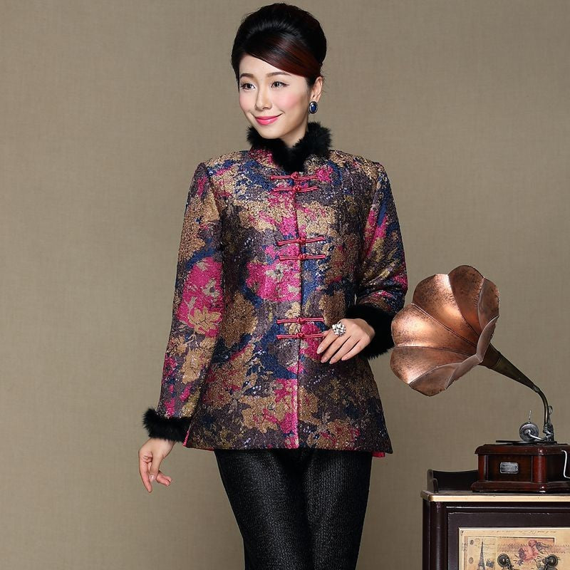 Floral Silk & Linen Chinese Style Women's Wadded Coat with Strap Buttons