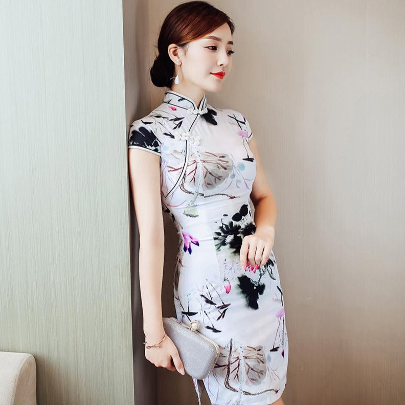 Floral Silk Retro Cheongsam Knee Length Chinese Dress Day Dress