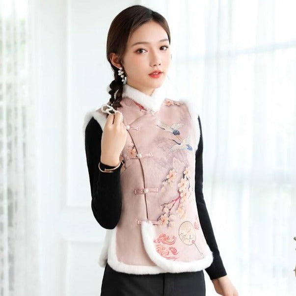 Floral Suede Fur Edge Cheongsam Top Chinese Wadded Waistcoat Vest