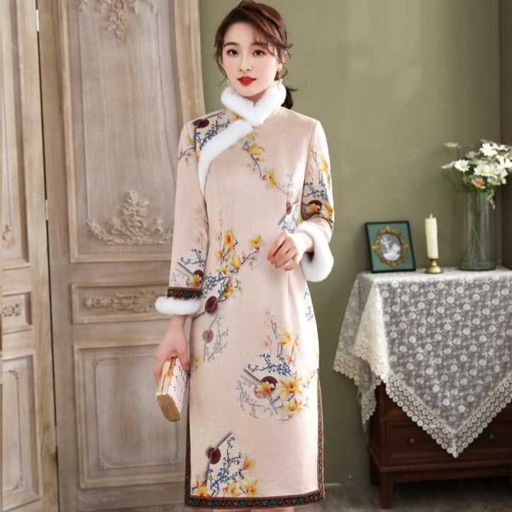 Floral Suede Fur Edge Knee Length Cheongsam Wadded Chinese Dress