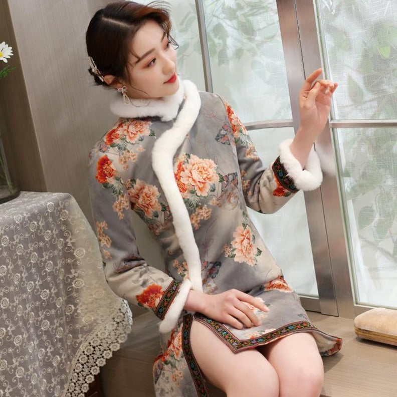 Floral Suede Fur Edge Traditional Cheongsam Wadded Chinese Dress