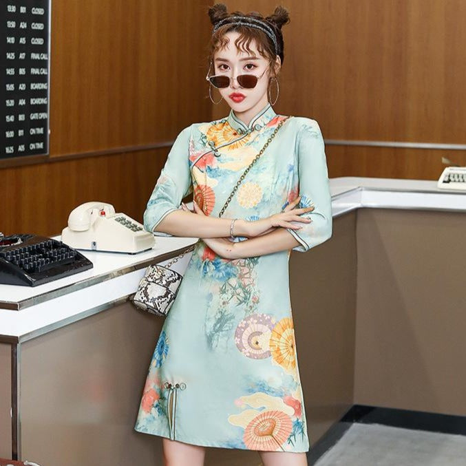 Floral Velvet Modern Cheongsam Chic Mini Day Dress