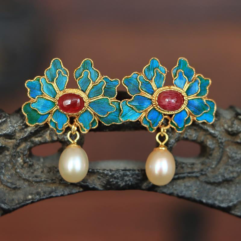 Flower Shape Cloisonne Chinese Style Gilding Earrings