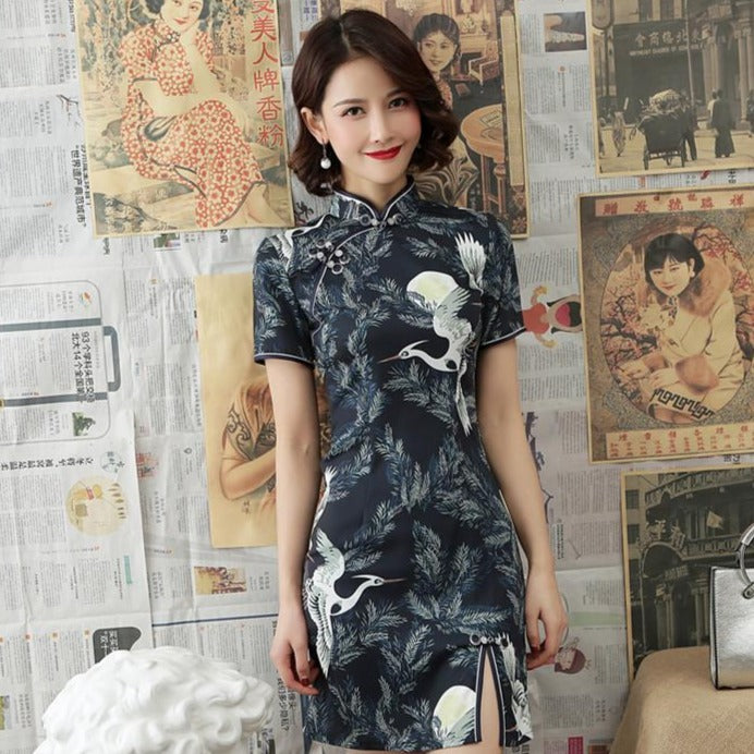 Front Split Cranes Pattern Modern Cheongsam Chinese Dress