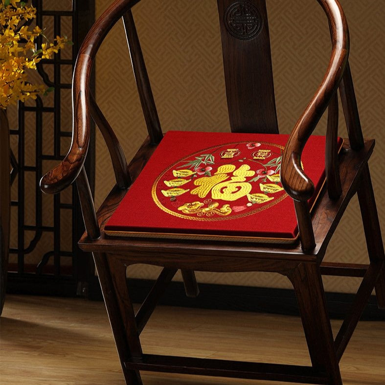 Fu Character Embroidery Linen Traditional Chinese Seat Cushion