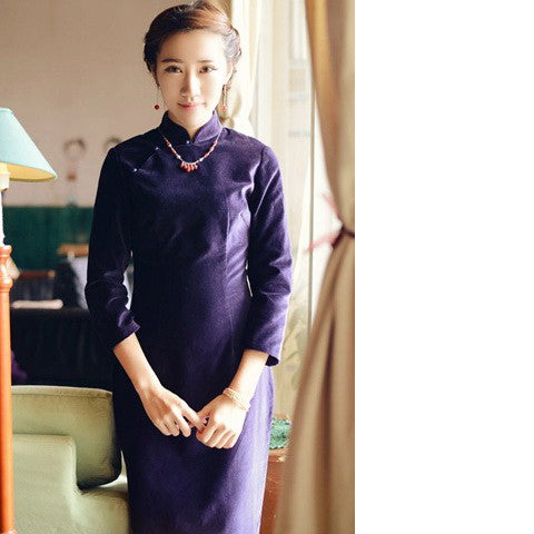 Full Length 3/4 Sleeve Flocked Vintage Cheongsam Shanghai Qipao Dress