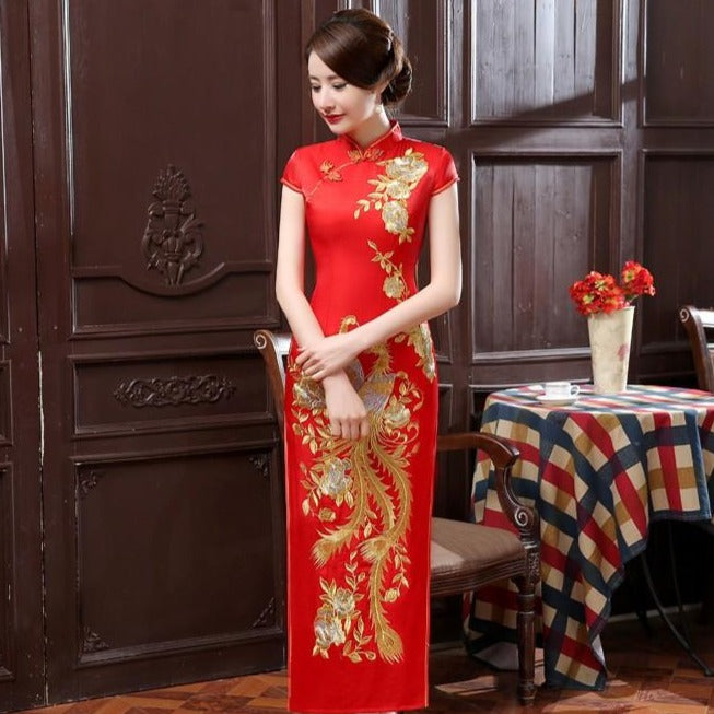 Full Length Cap Sleeve Cheongsam Evening Dress with Phoenix Embroidery