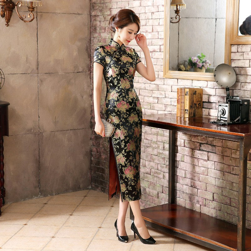 Full Length Cap Sleeve Floral Brocade Cheongsam Evening Dress