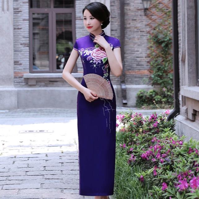 Full Length Classsic Cheongsam Floral Print Silk Evening Dress