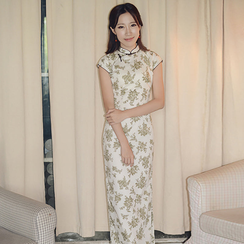 Full Length Floral Signature Cotton Vintage Cheongsam Shanghai Qipao Dress