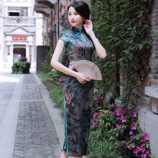 Full Length Floral Silk Classsic Traditional Cheongsam Evening Dress