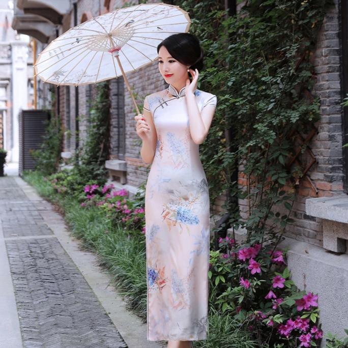 Full Length Floral Silk Classsic Traditional Cheongsam Evening Dress