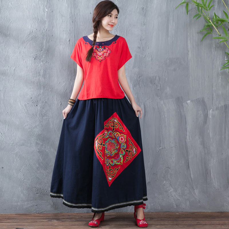 Full Length Traditional Chinese Style A-line Floral Embroidery Expansion Skirt