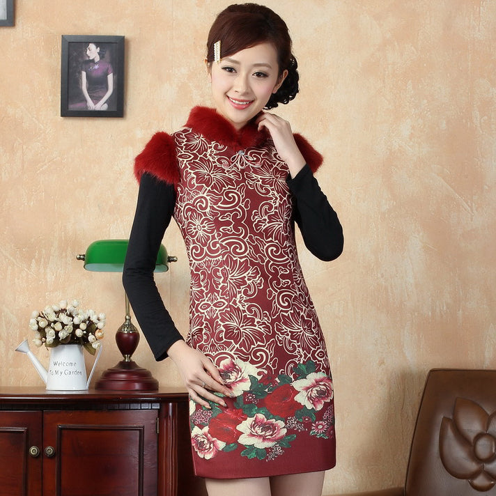 Fur Collar Cap Sleeve Floral Brocade Cheongsam Chinese Dress