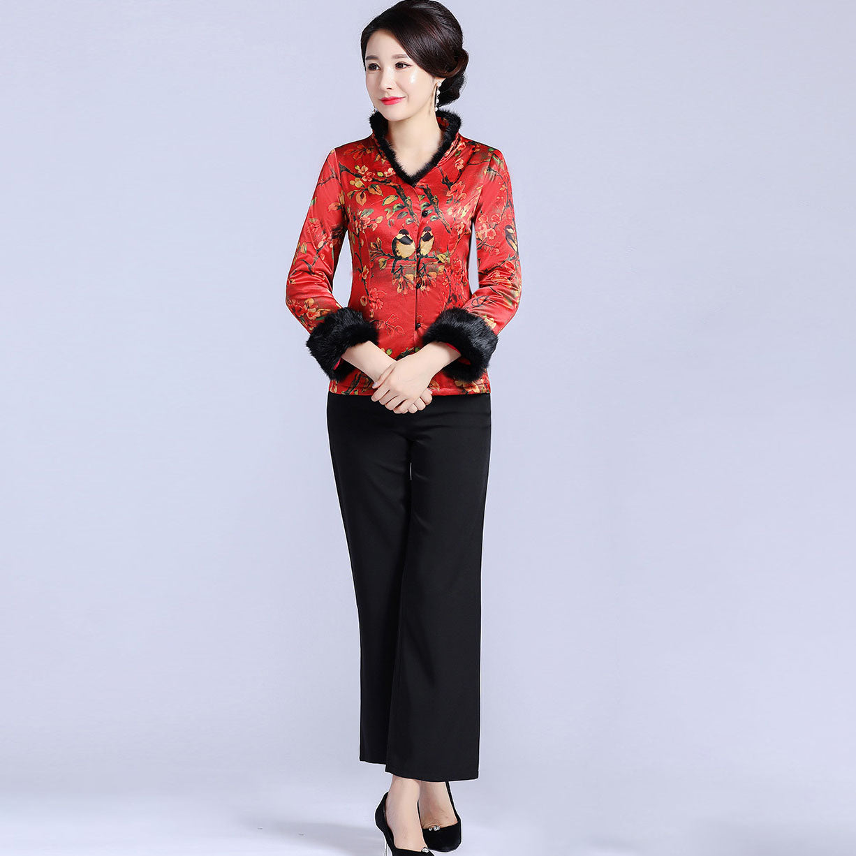 Fur Collar & Cuff Brocade Chinese Jacket with Long Pants